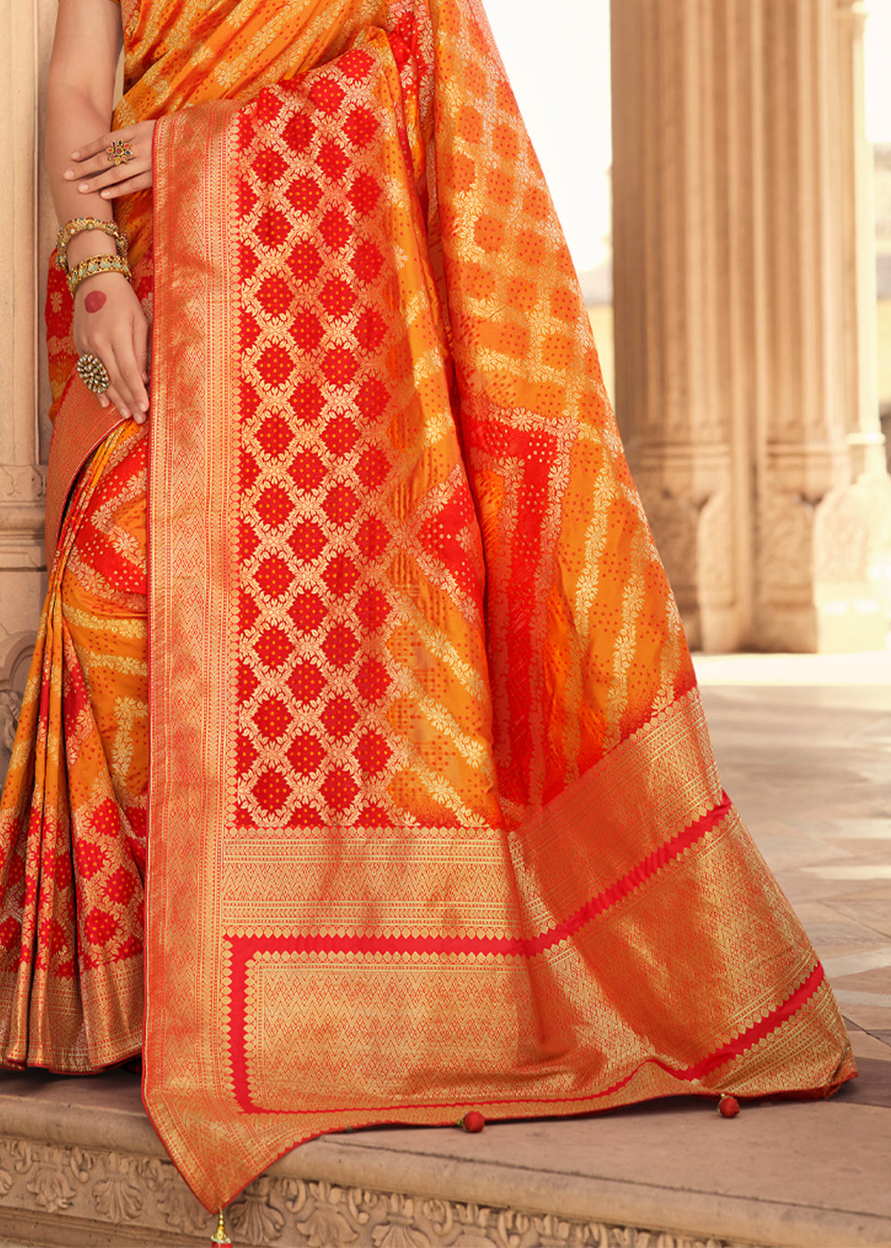 Texas Orange and Red Zari Woven Banarasi Saree with Designer Blouse