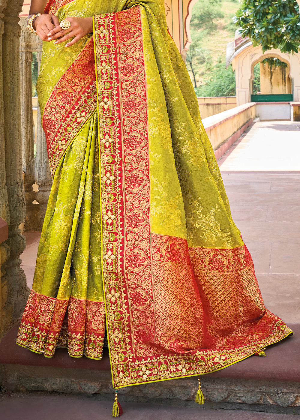 Anzac Green and Red Embroidered Dola Silk Saree