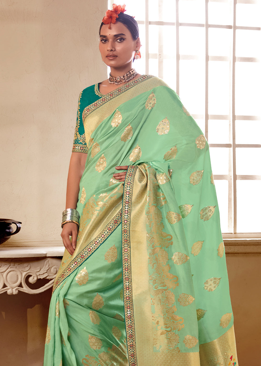 Spring Rain Green Banarasi Saree with Designer Blouse