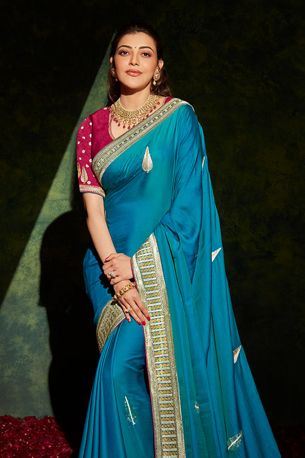 Malachite Blue and Pink South Silk Saree