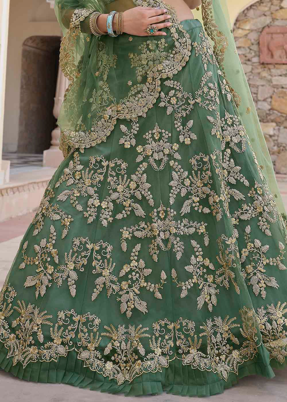 Gray Green Soft Net Designer Lehenga Choli With Dori & Sequins Work