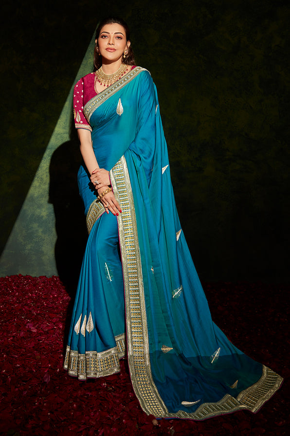 Malachite Blue and Pink South Silk Saree