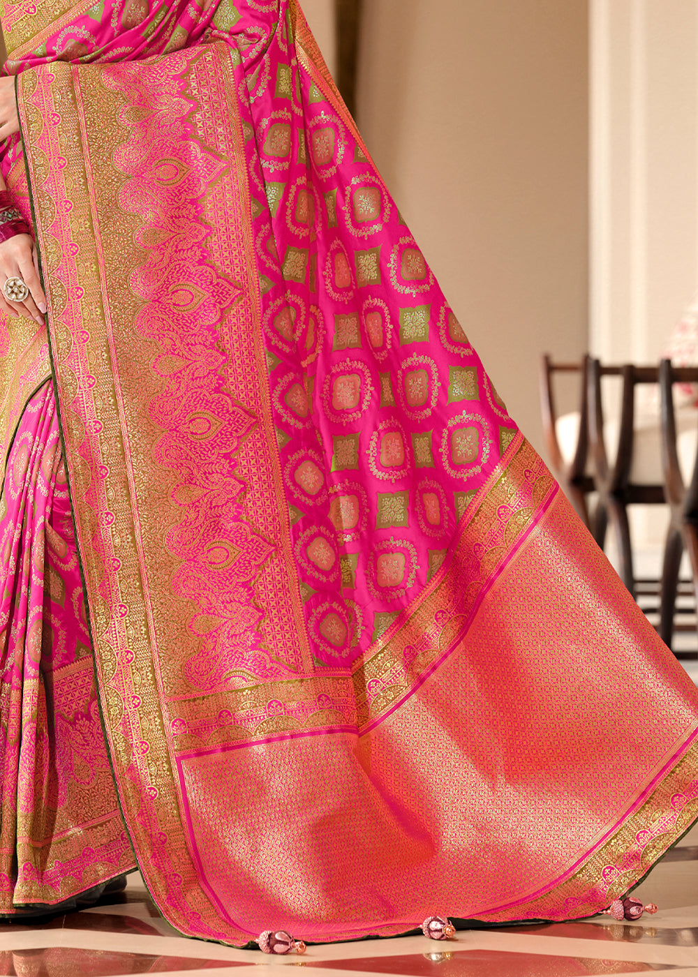 Geraldine Pink and Green Woven Designer Banarasi Silk Saree