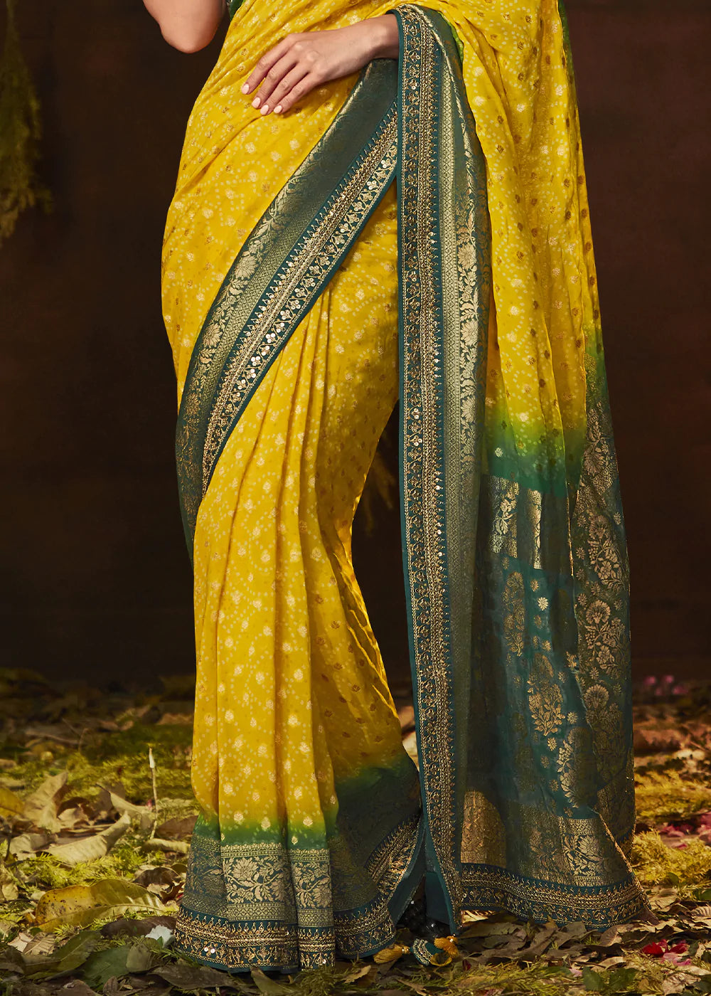 Yellow and Green Handloom Georgette Saree with Embroidered Blouse