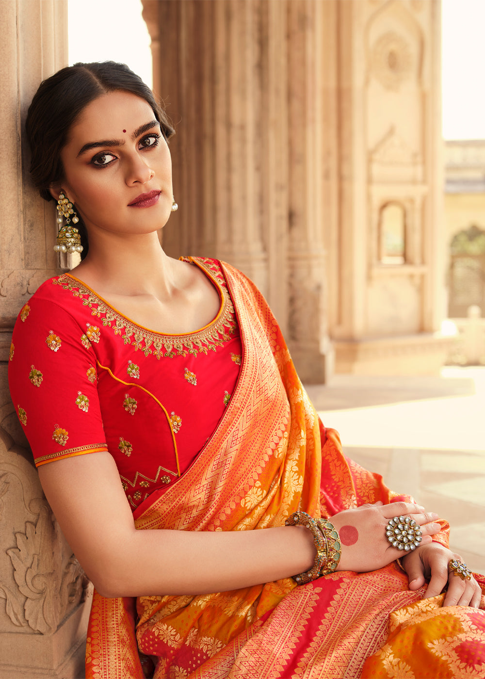 Texas Orange and Red Zari Woven Banarasi Saree with Designer Blouse