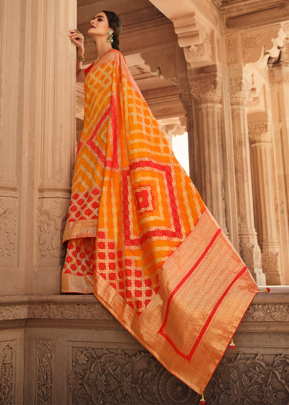 Texas Orange and Red Zari Woven Banarasi Saree with Designer Blouse