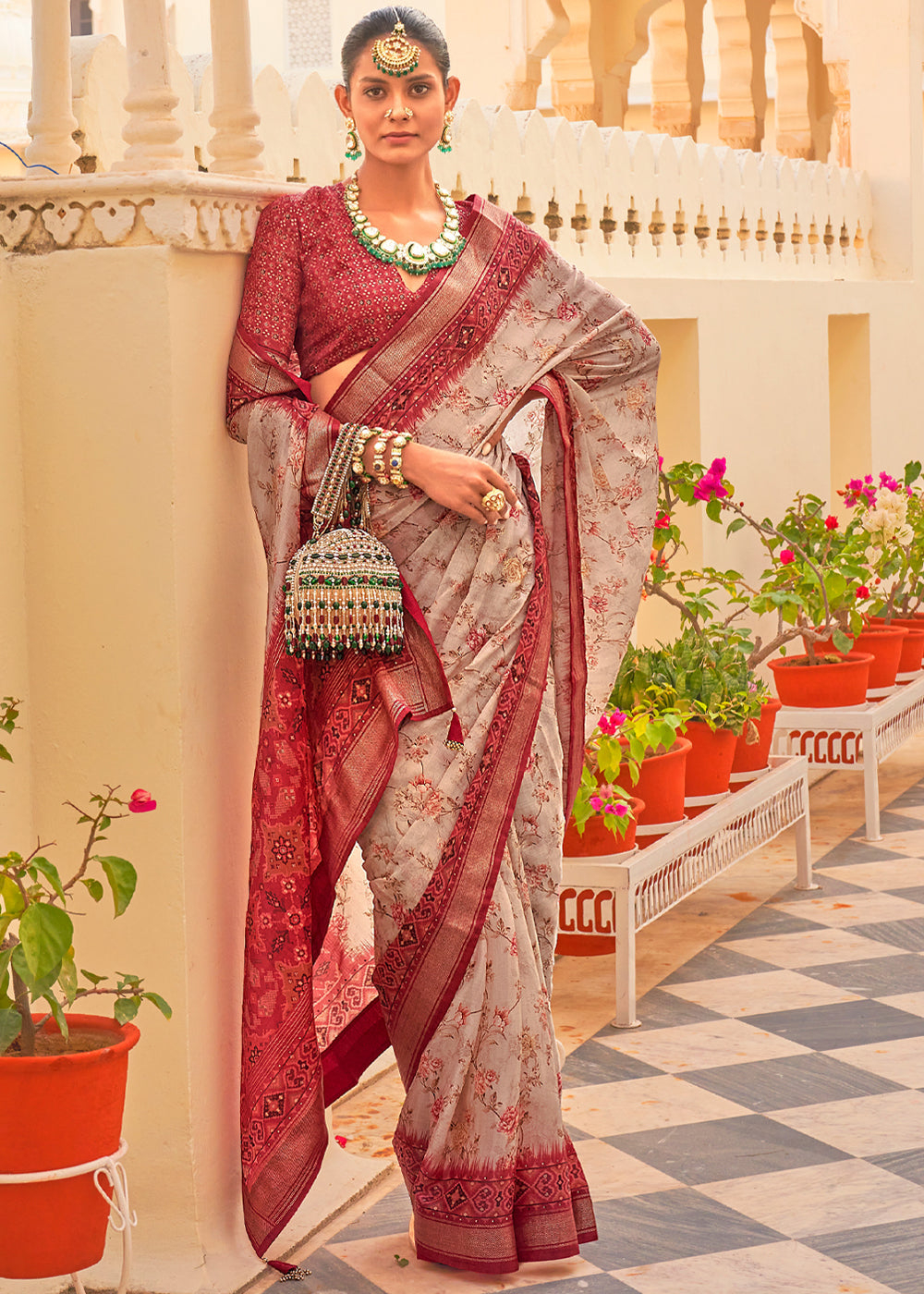 Medium Carmine Maroon Printed Chiffon Patola Silk Saree