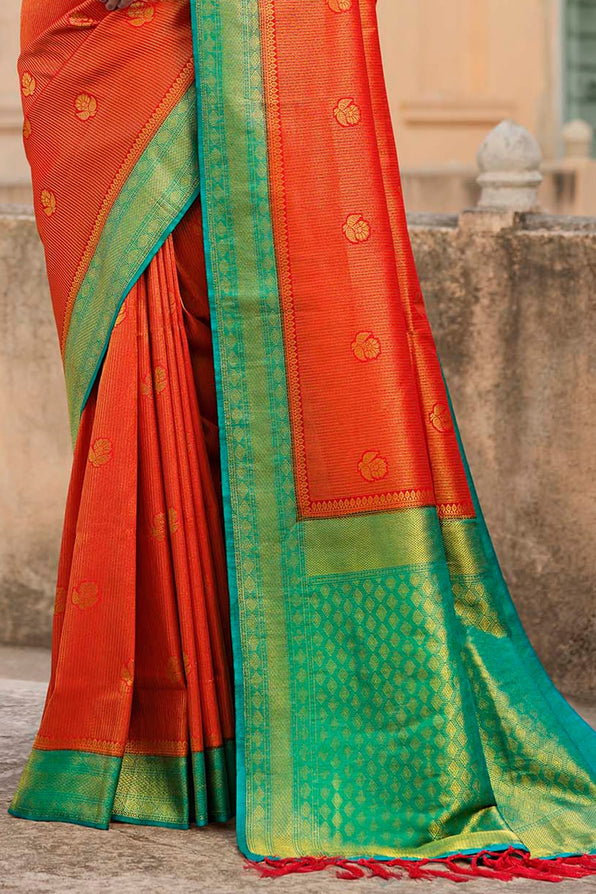 Sunset Orange and Blue Zari Woven Kanjivaram Saree