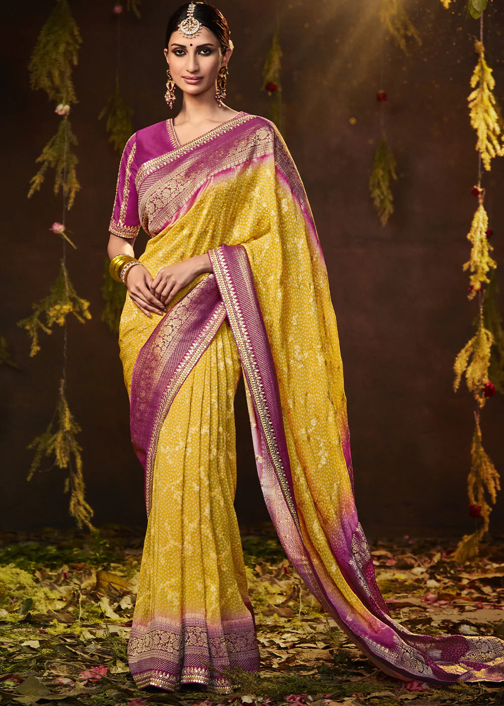 Anzac Yellow Woven Georgette Designer Saree with Embroidered Blouse