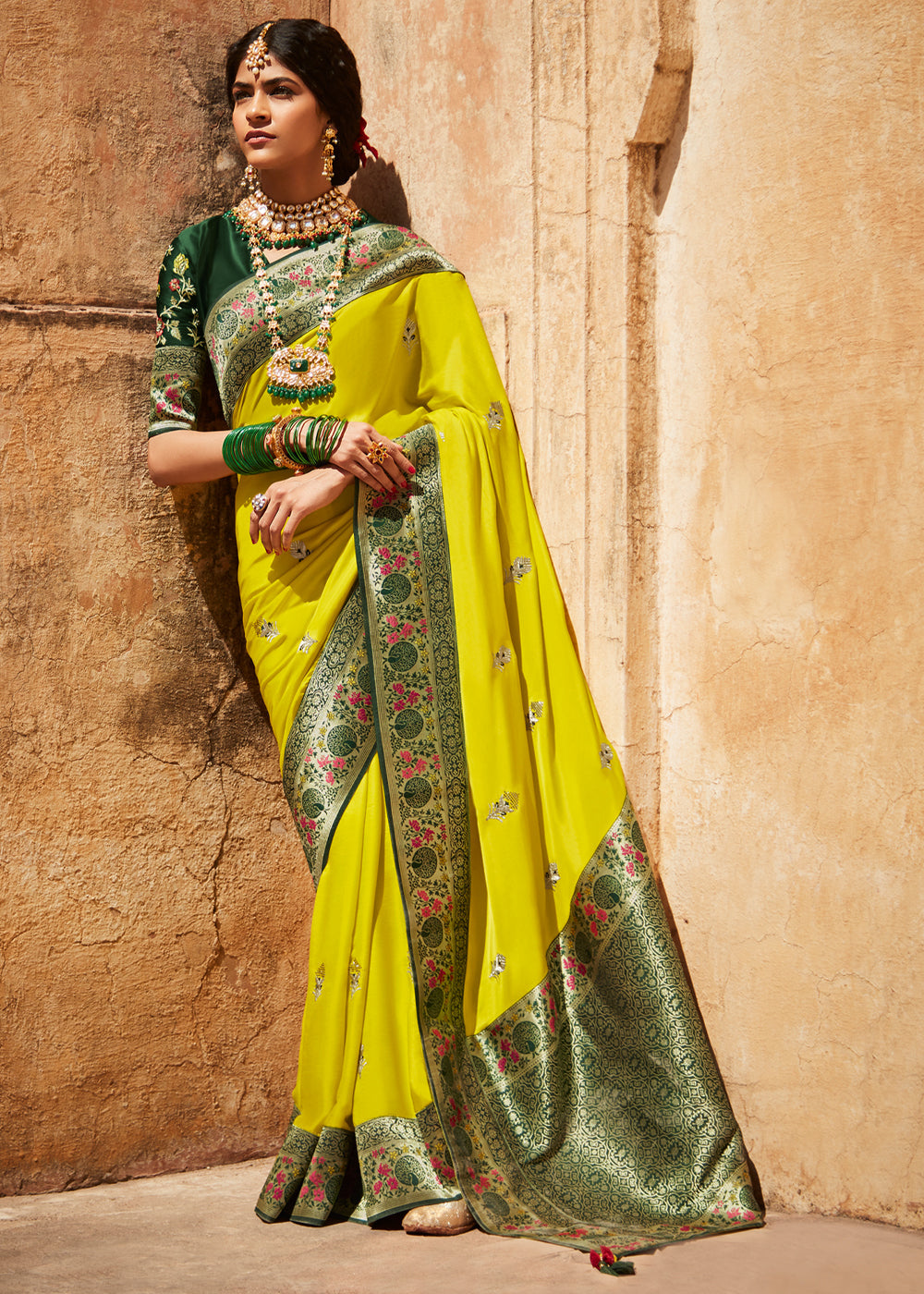 Sunflower Yellow and Green Zari Woven Designer Banarasi Saree