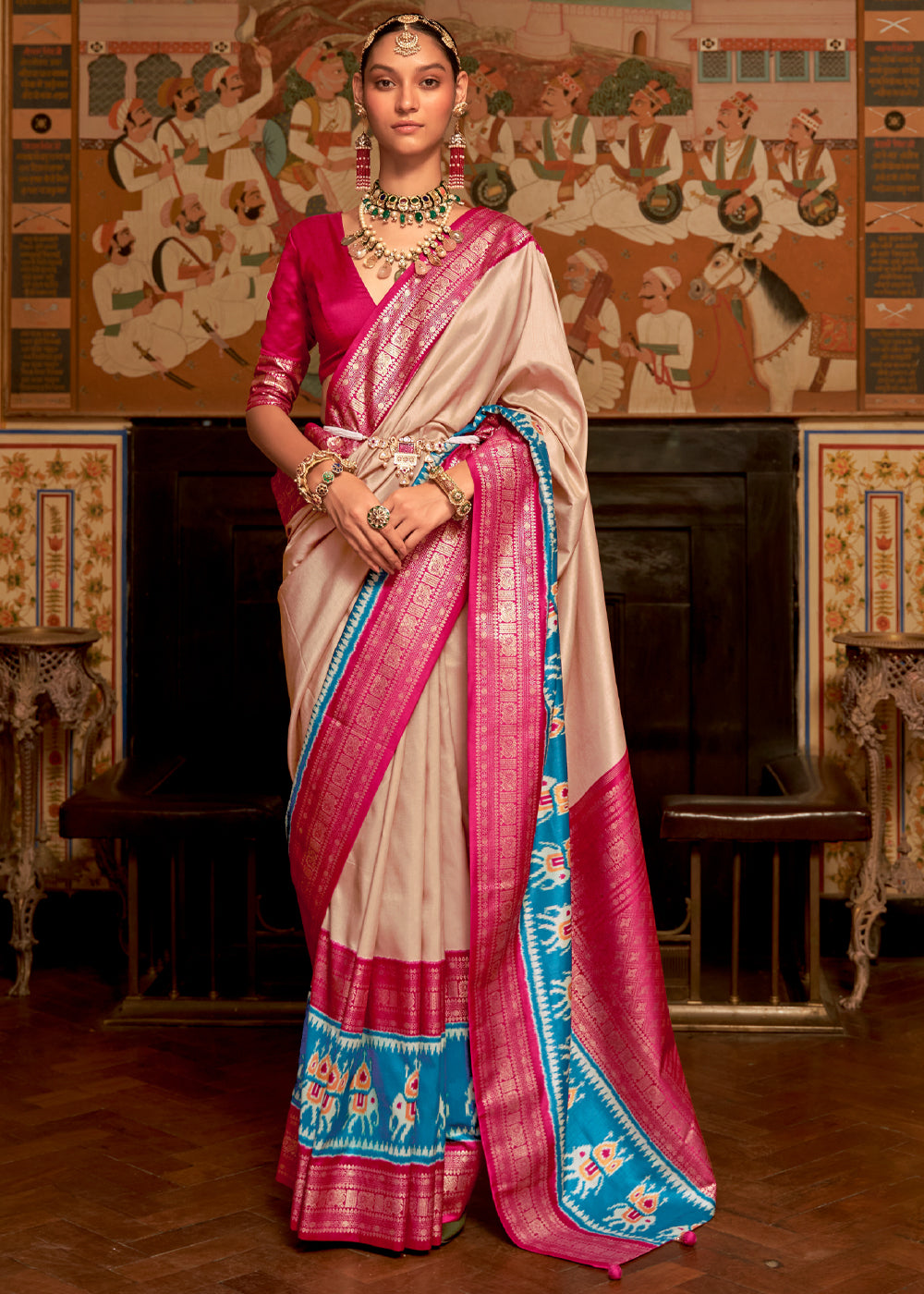 Cameo Beige and Pink Banarasi Patola Saree