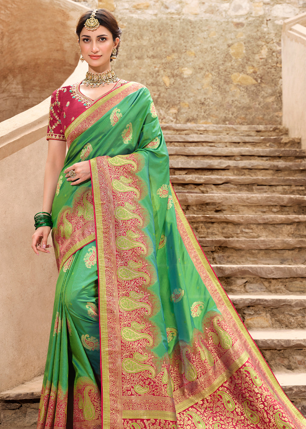 Silver Tree Green and Pink Woven Designer Banarasi Silk Saree