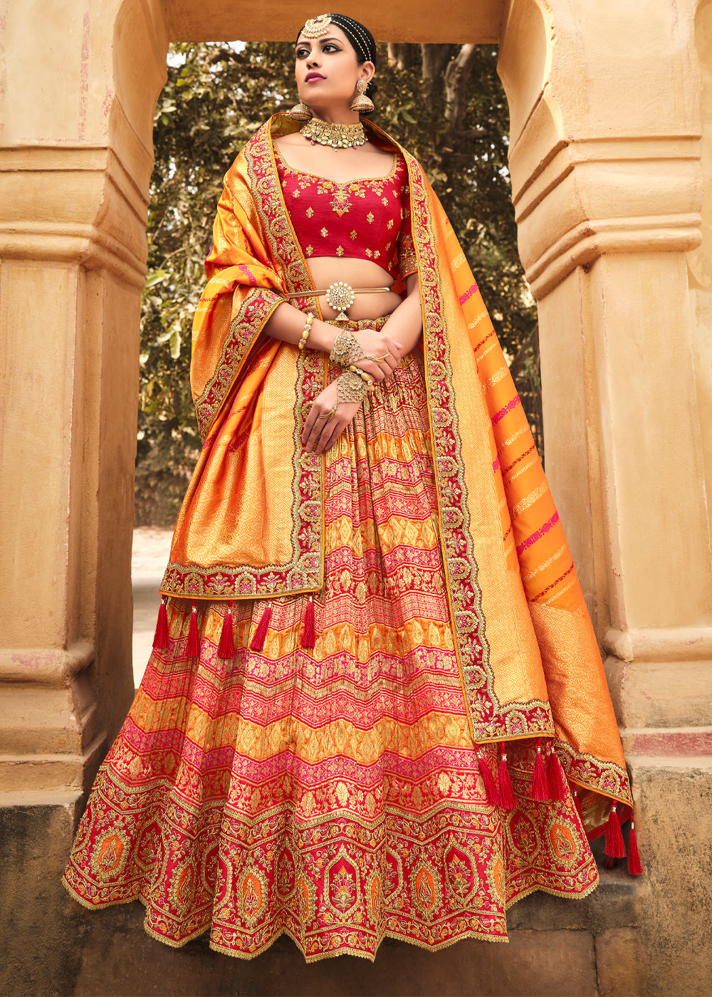 Valencia Red and Orange Heavy Embroidered Lehenga