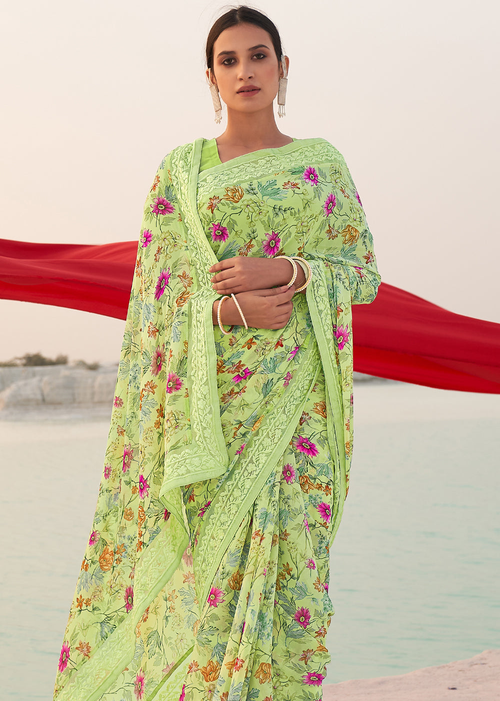 Willow Green Digital Printed Chiffon Saree