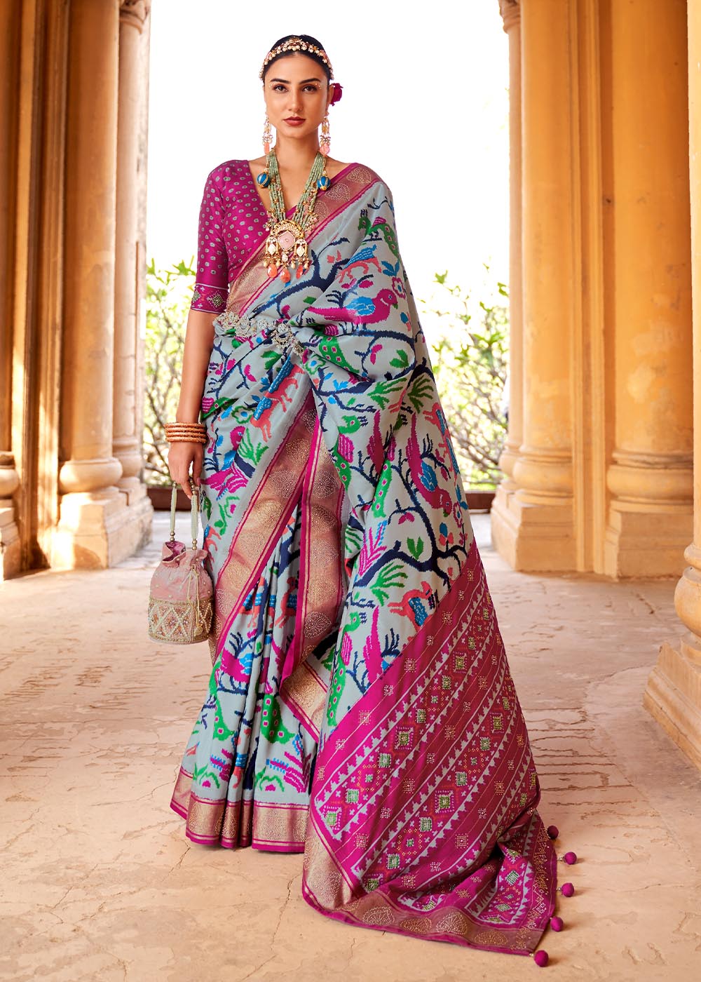 Bombay Grey and Pink Printed Patola Saree