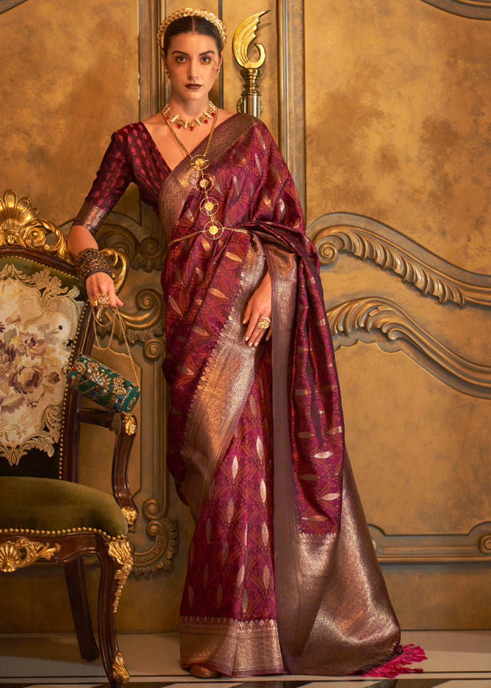 Dark Maroon Banarasi Satin Silk Saree