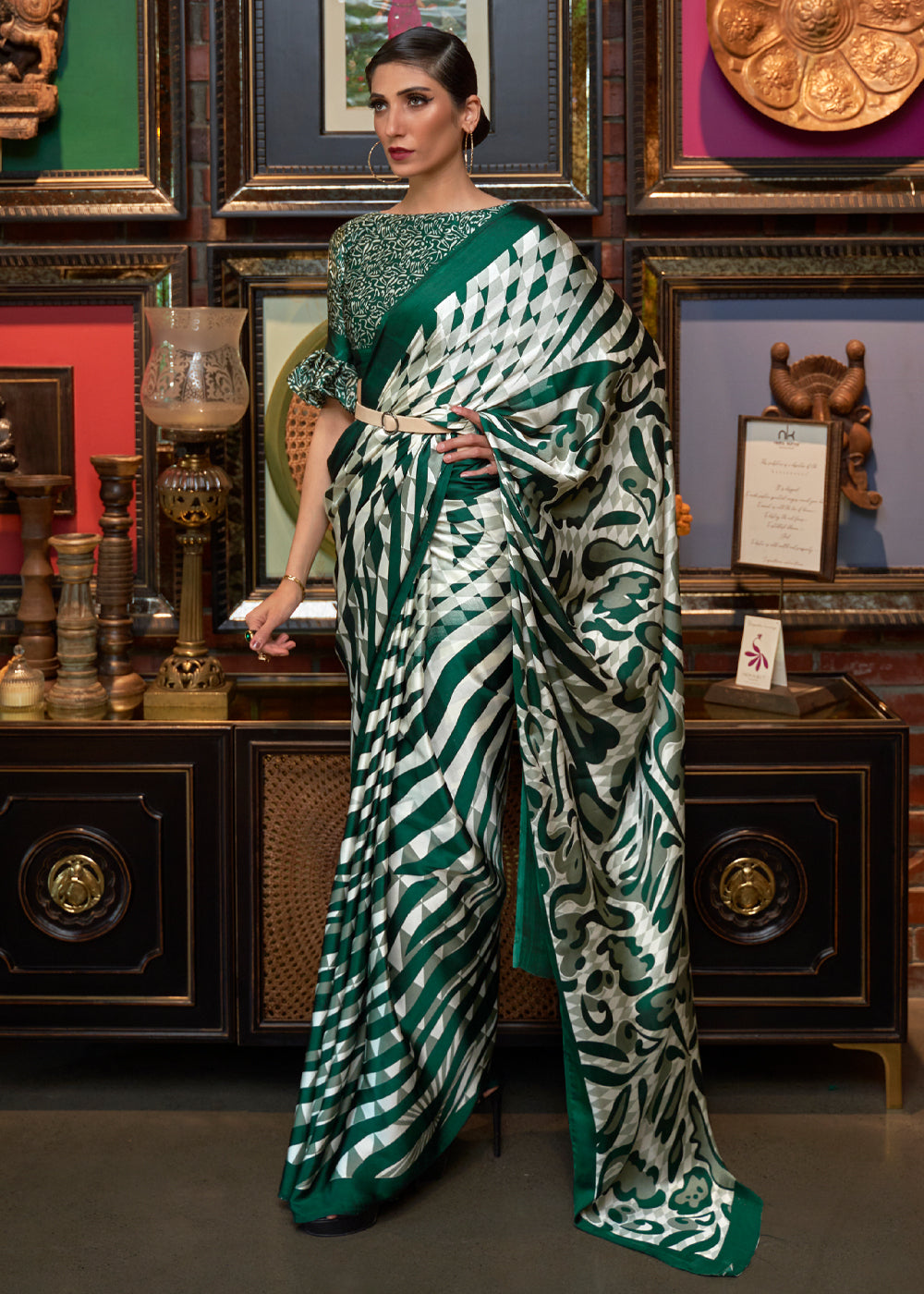 Casal White and Green Printed Satin Silk Saree