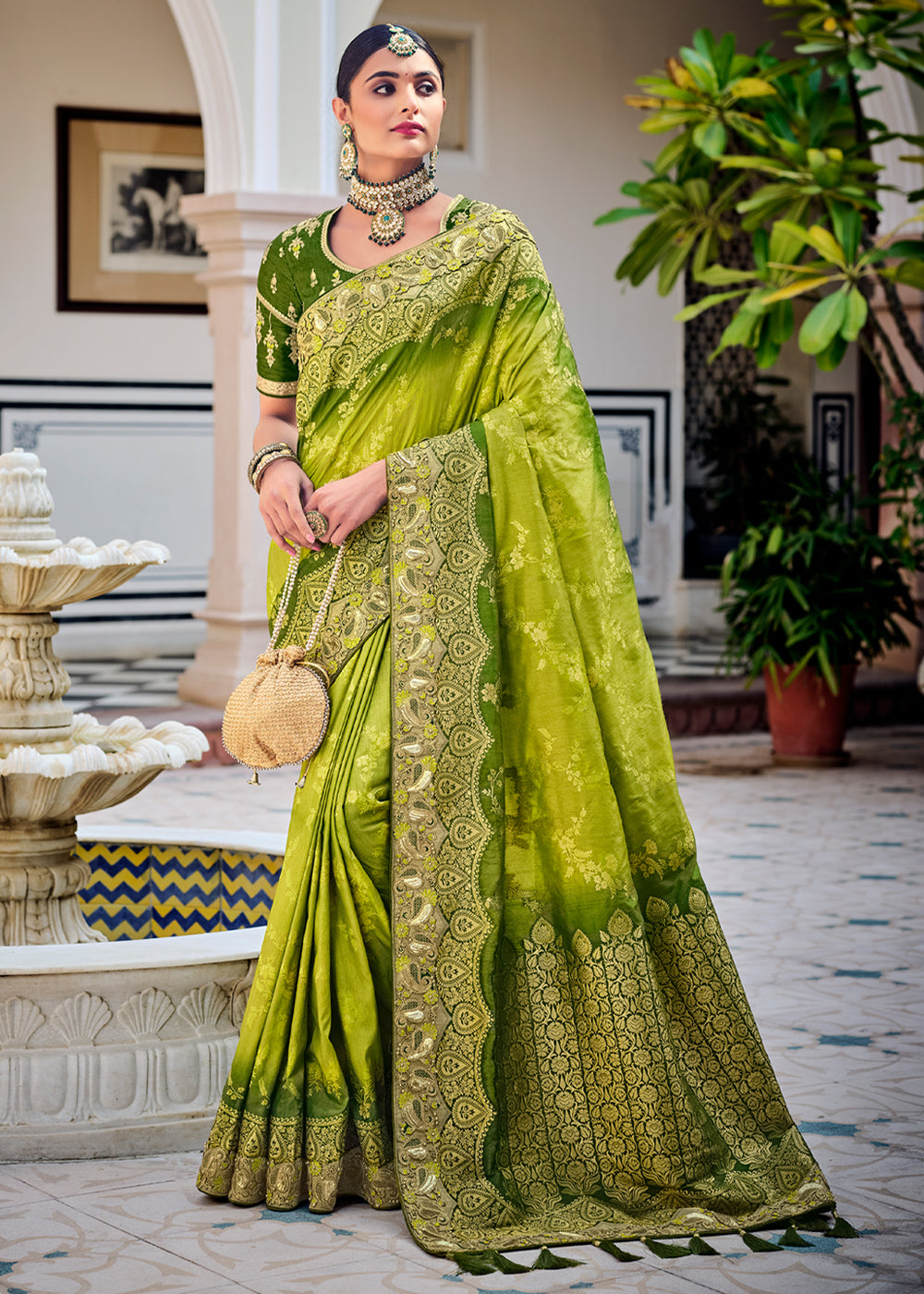 Lemon Green Zari Woven Designer Banarasi Saree