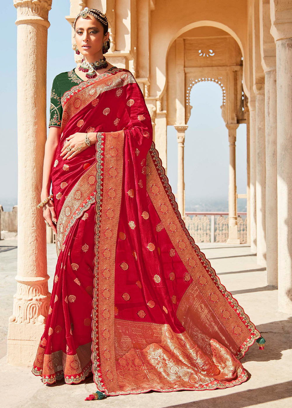 Sweet Red and Green Zari Woven Designer Banarasi Saree