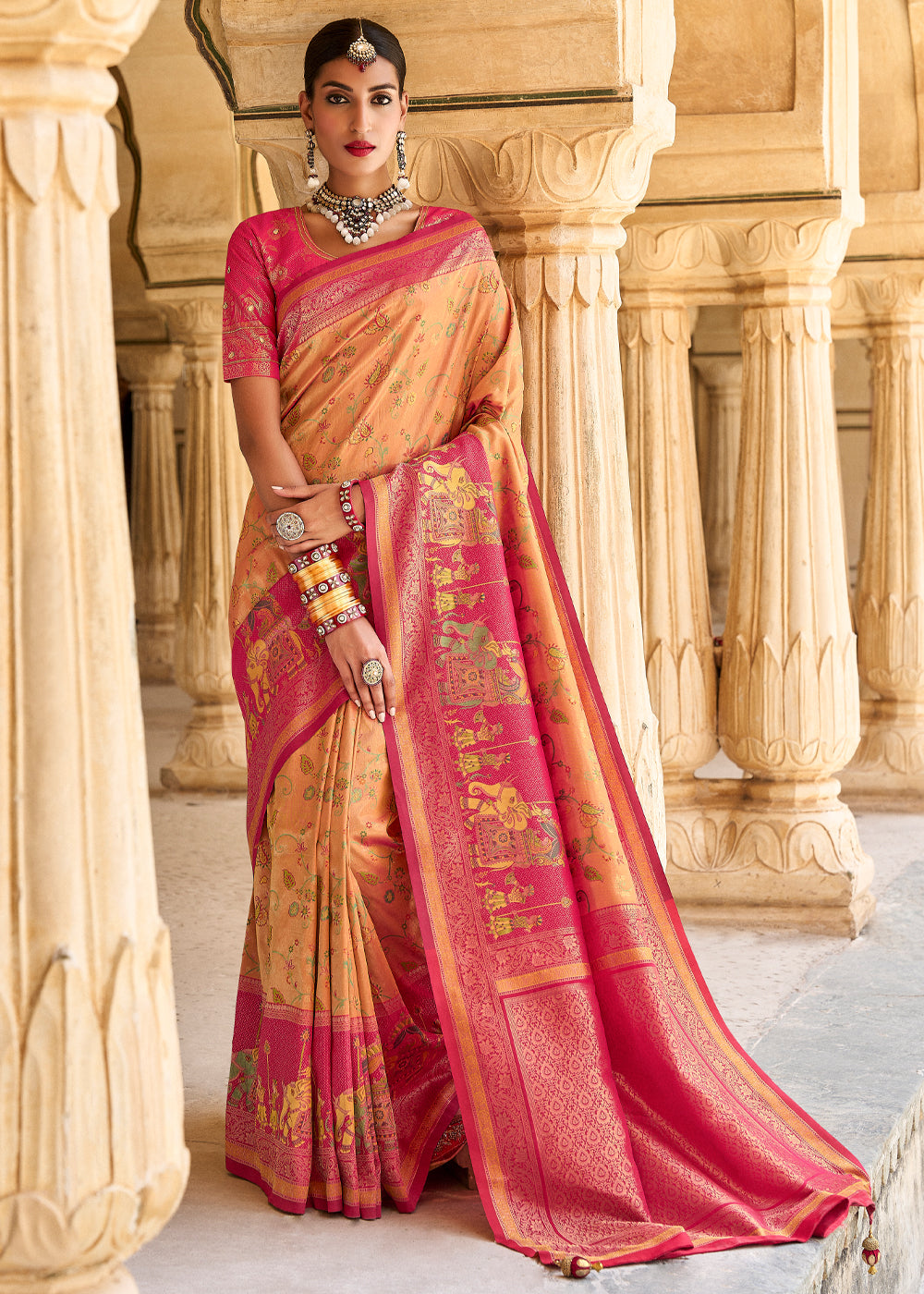 Peach Orange and Red Designer Banarasi Saree