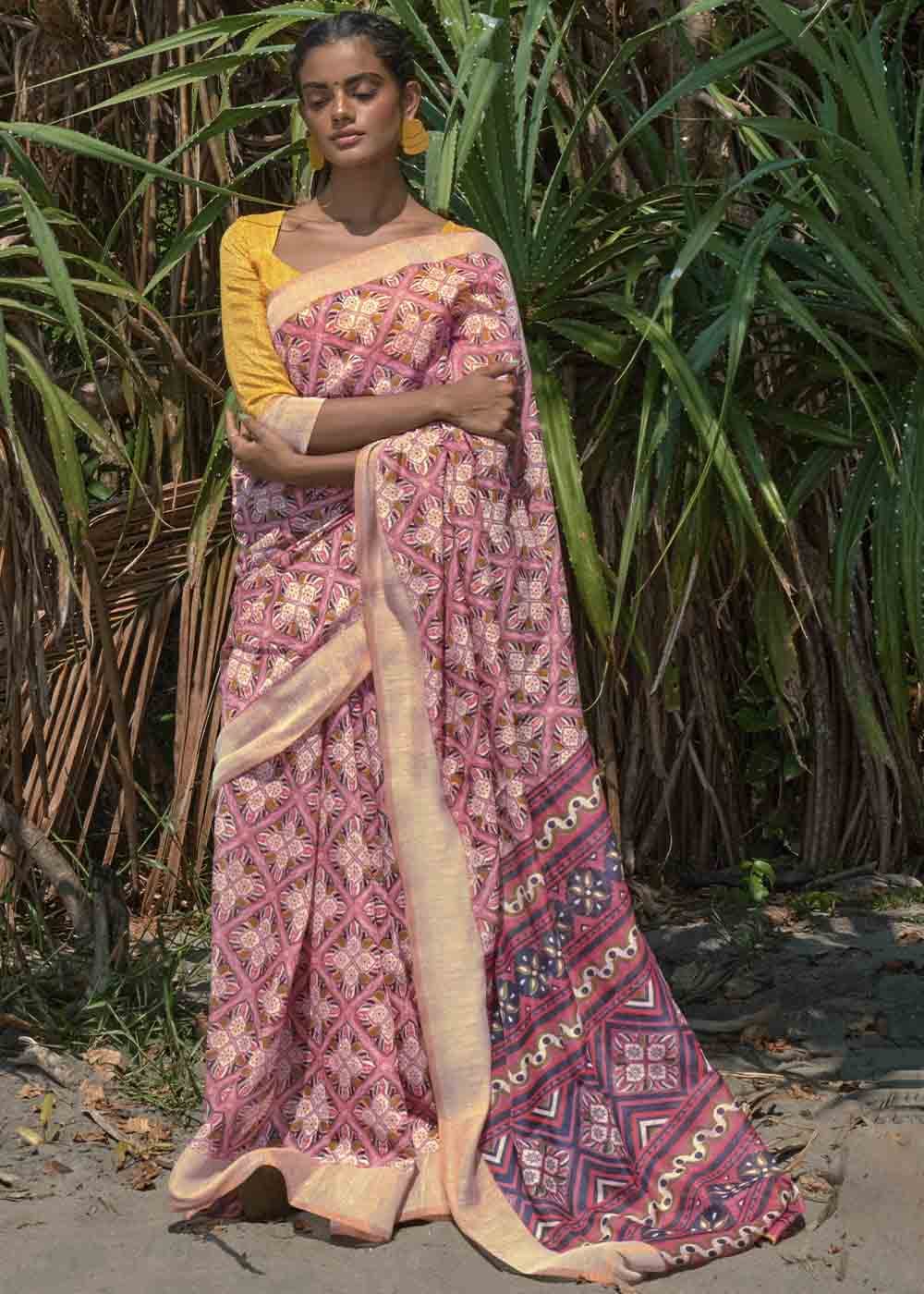 Turkish Pink and Yellow Printed Cotton Saree