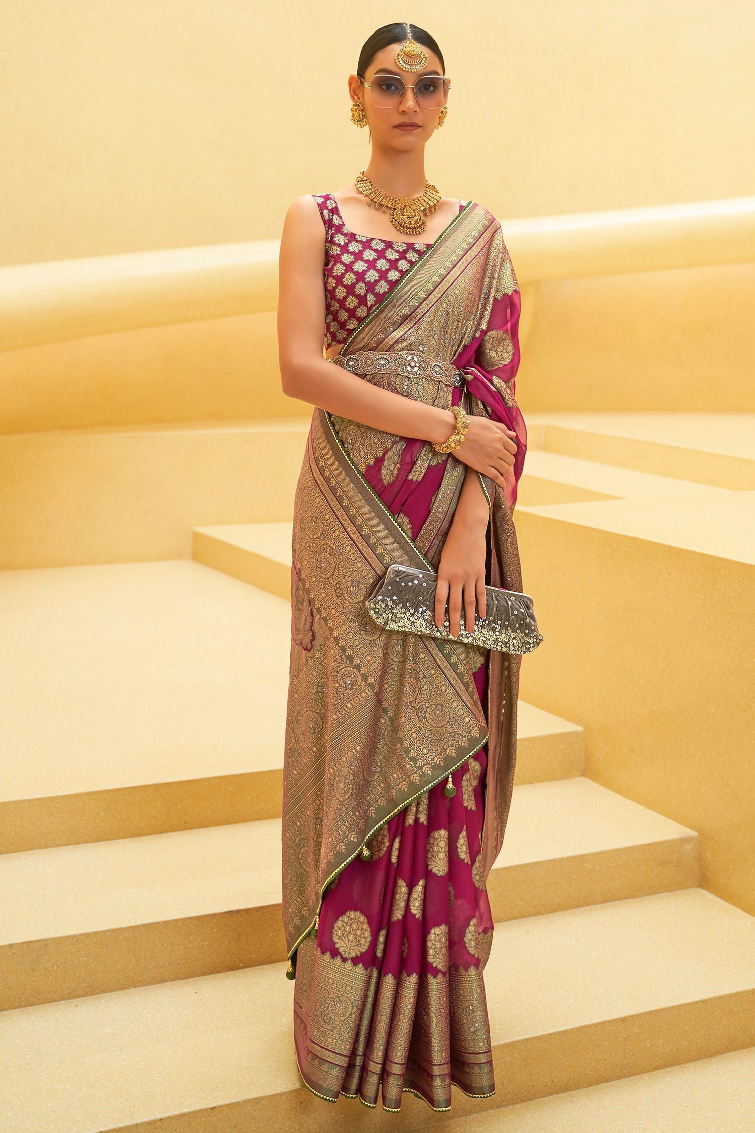 Stiletto Purple and Green Zari Woven Brasso Organza Saree