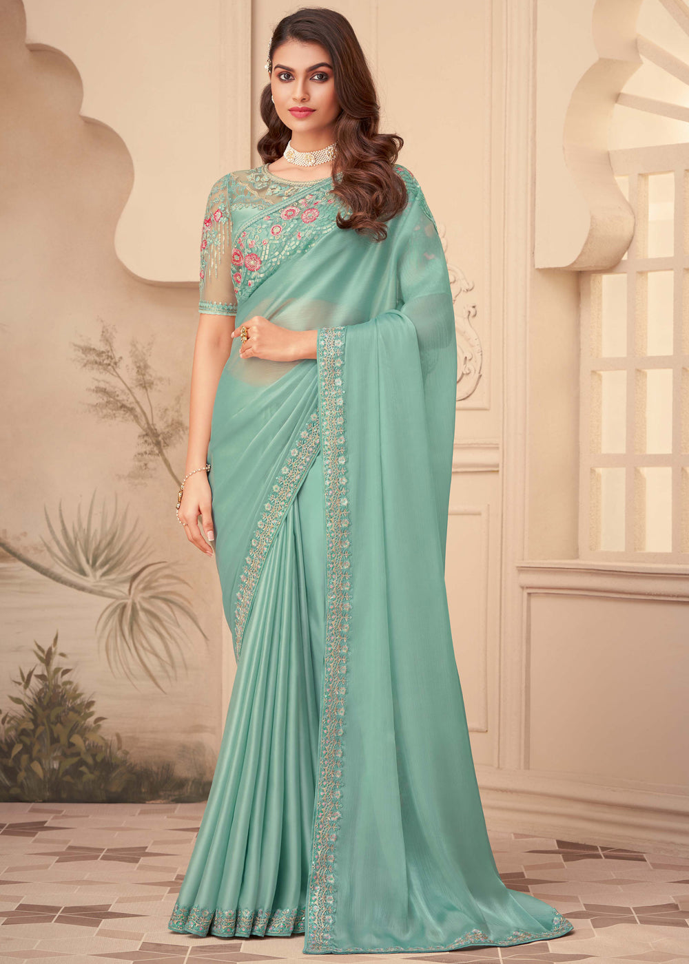 Summer Green Georgette Designer Saree with Embroidered Blouse