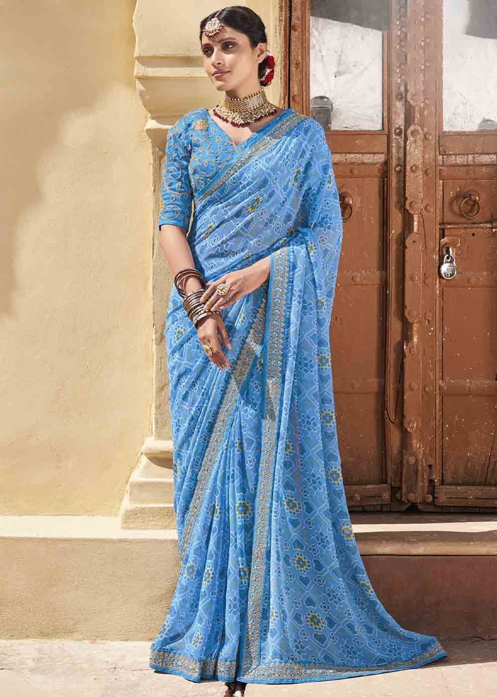 Danube Blue Patola Print Georgette Saree With Embroidered Blouse