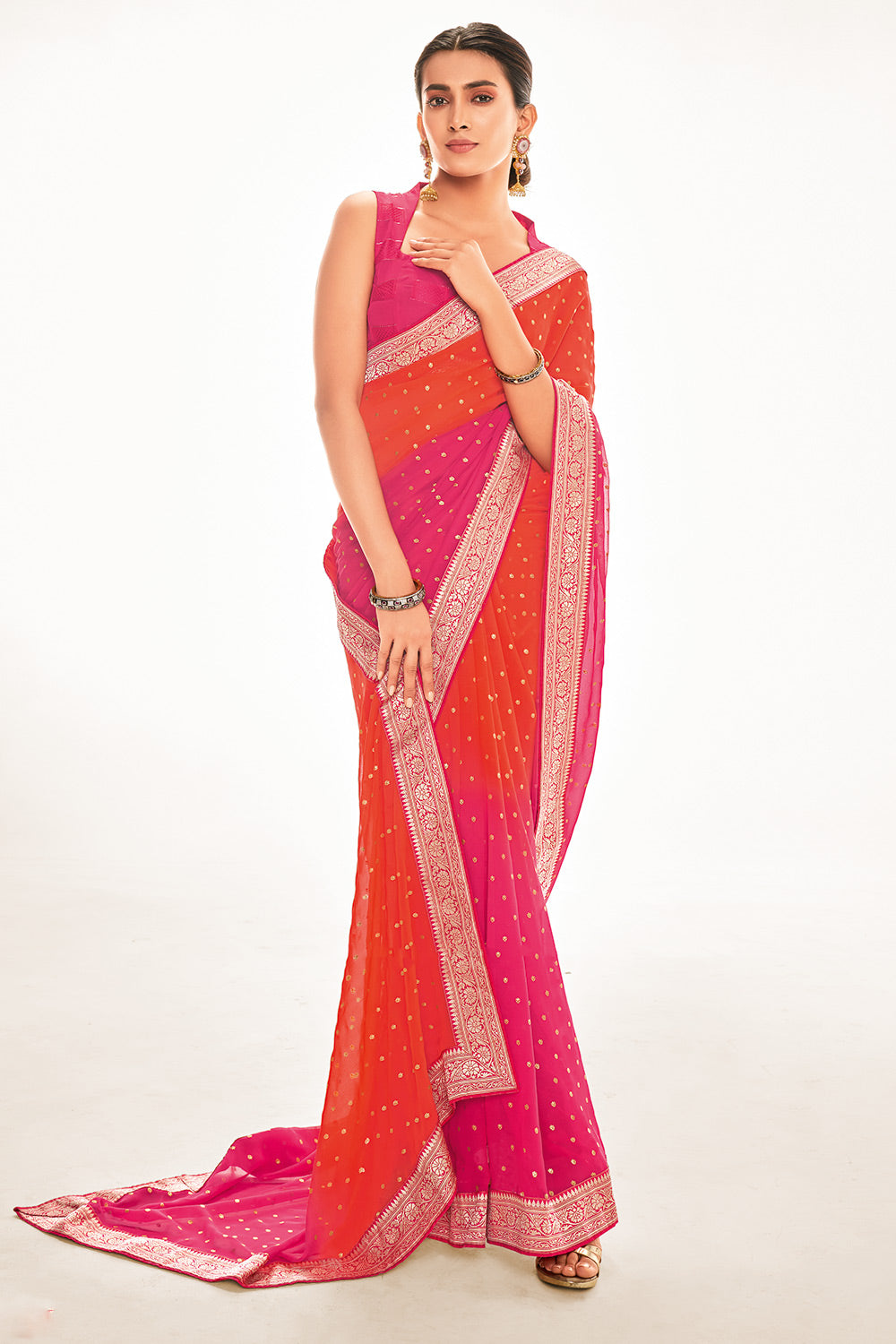 Pearl Pink and Orange Printed Georgette Saree