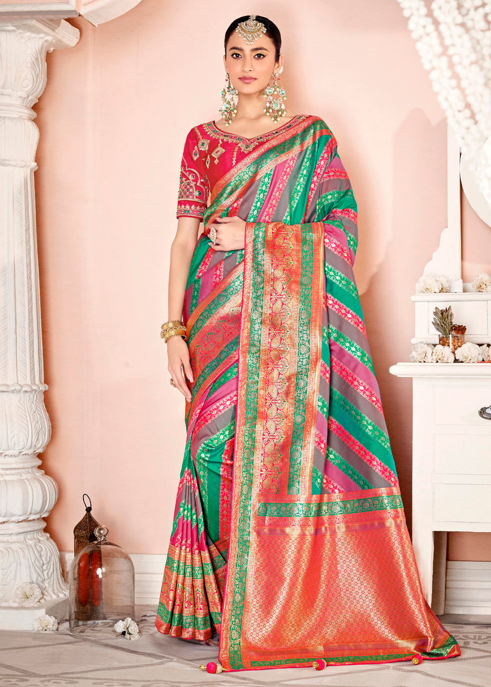 Pine Pink and Green Zari Woven Banarasi Saree with Designer Blouse