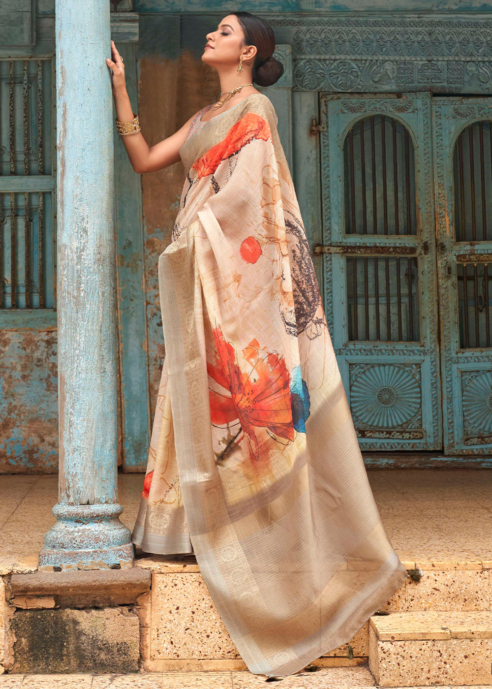 Dairy Light Brown Floral Printed Linen Silk Saree