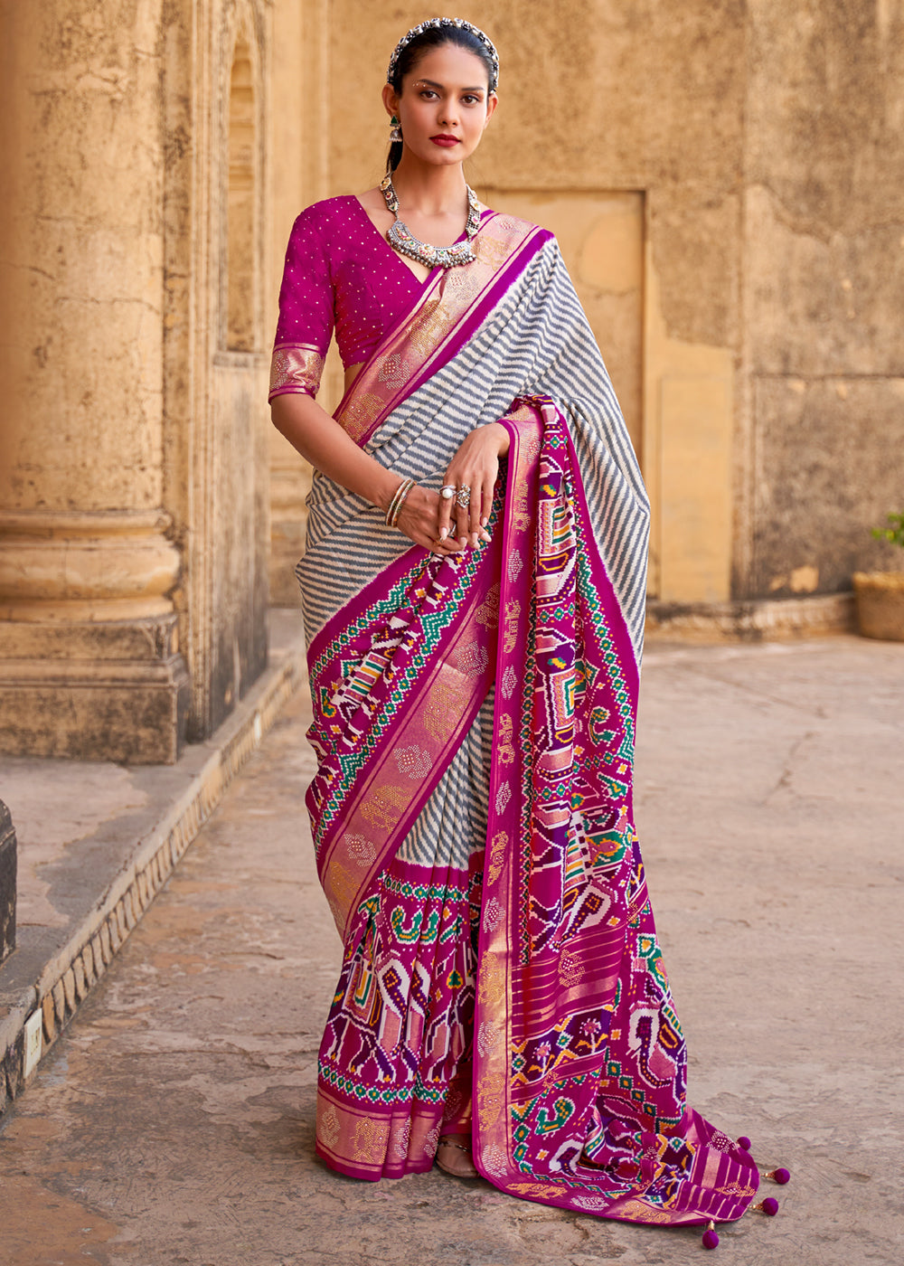 Mulberry White and Pink Zari Woven Patola Saree