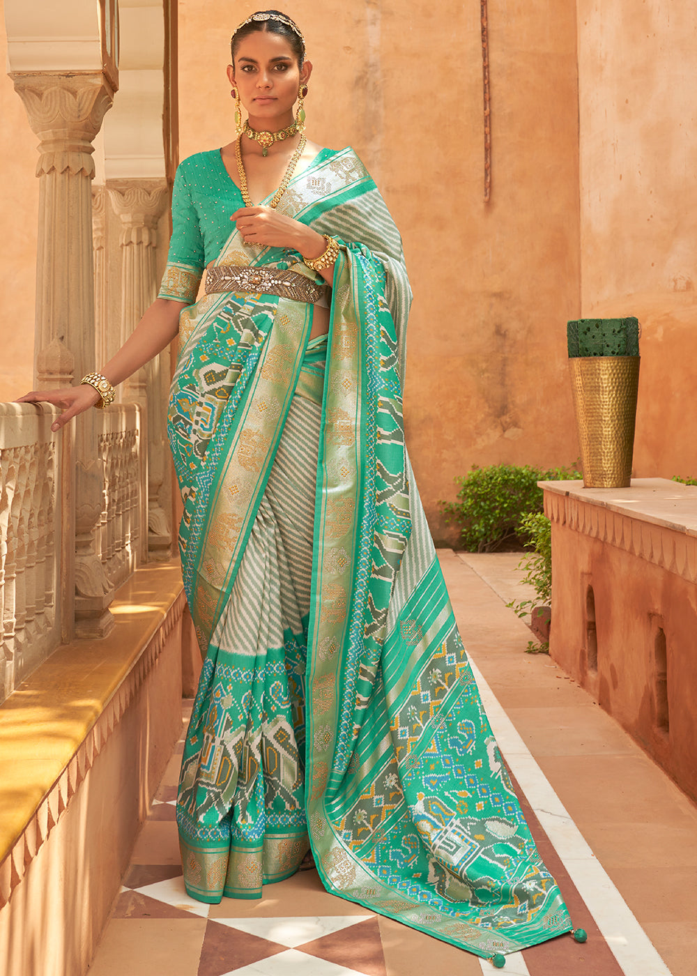 Ocean Green Blue Patola Silk Saree