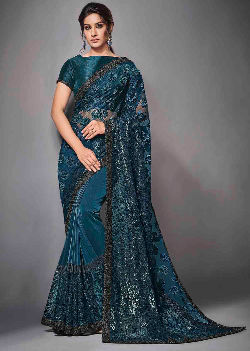 San Blue Designer Lycra Saree with Embroidery Work