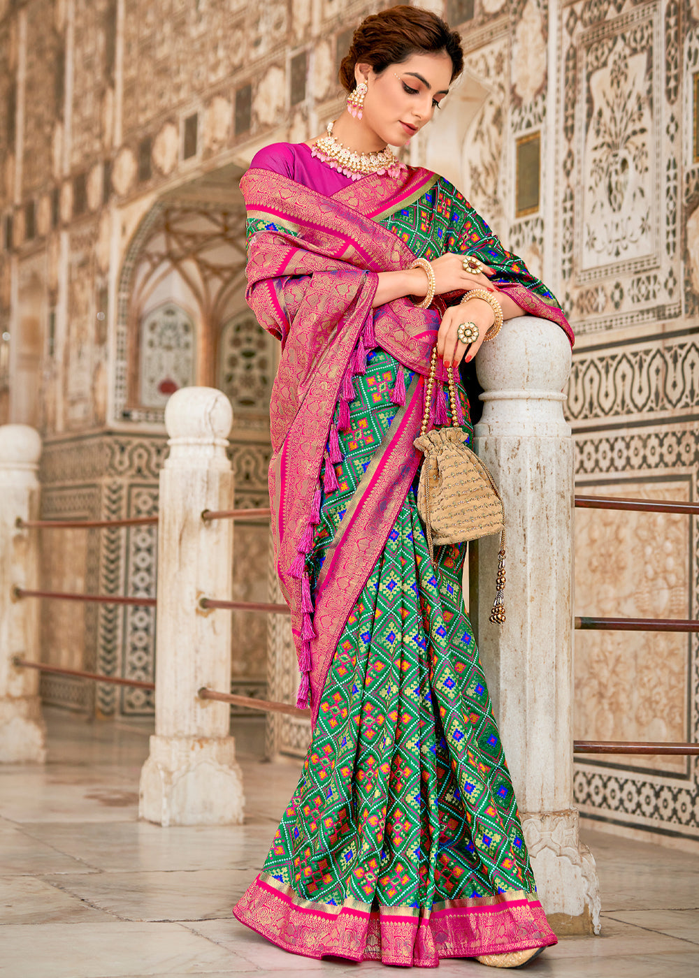 Amazon Green and Pink Zari Woven Patola Saree