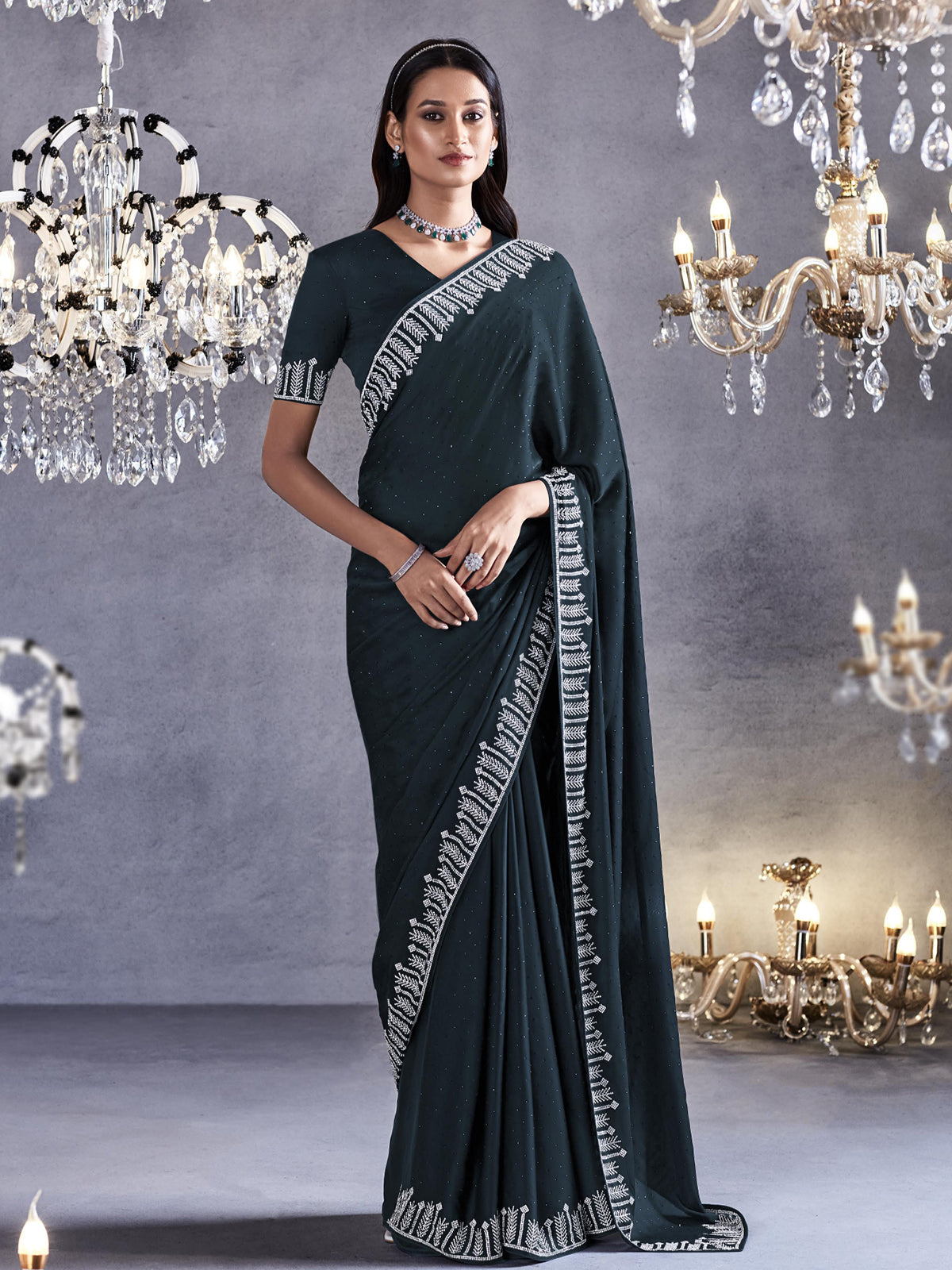 Limed Spruce Grey Woven Embroidered Satin Silk Saree