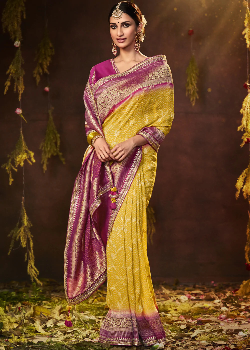 Anzac Yellow Woven Georgette Designer Saree with Embroidered Blouse