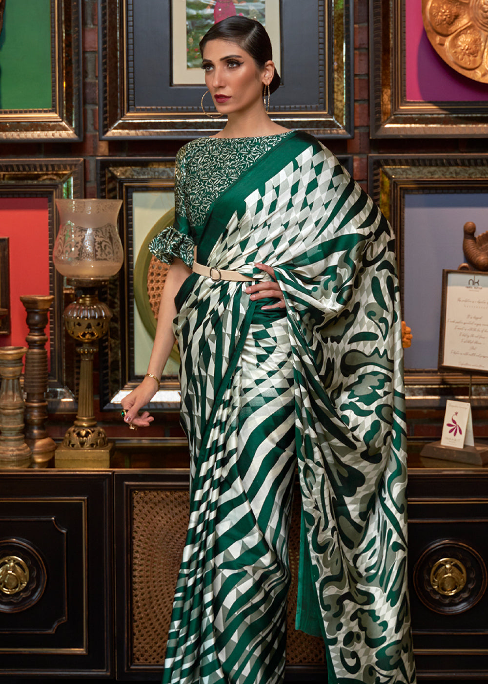 Casal White and Green Printed Satin Silk Saree