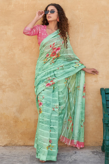 Green Sheen Digital Printed Linen Floral Saree