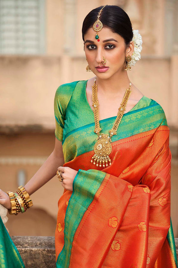 Sunset Orange and Blue Zari Woven Kanjivaram Saree