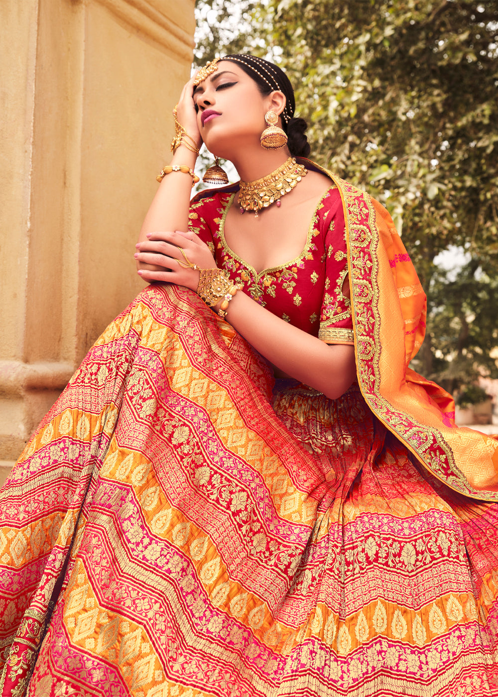 Valencia Red and Orange Heavy Embroidered Lehenga