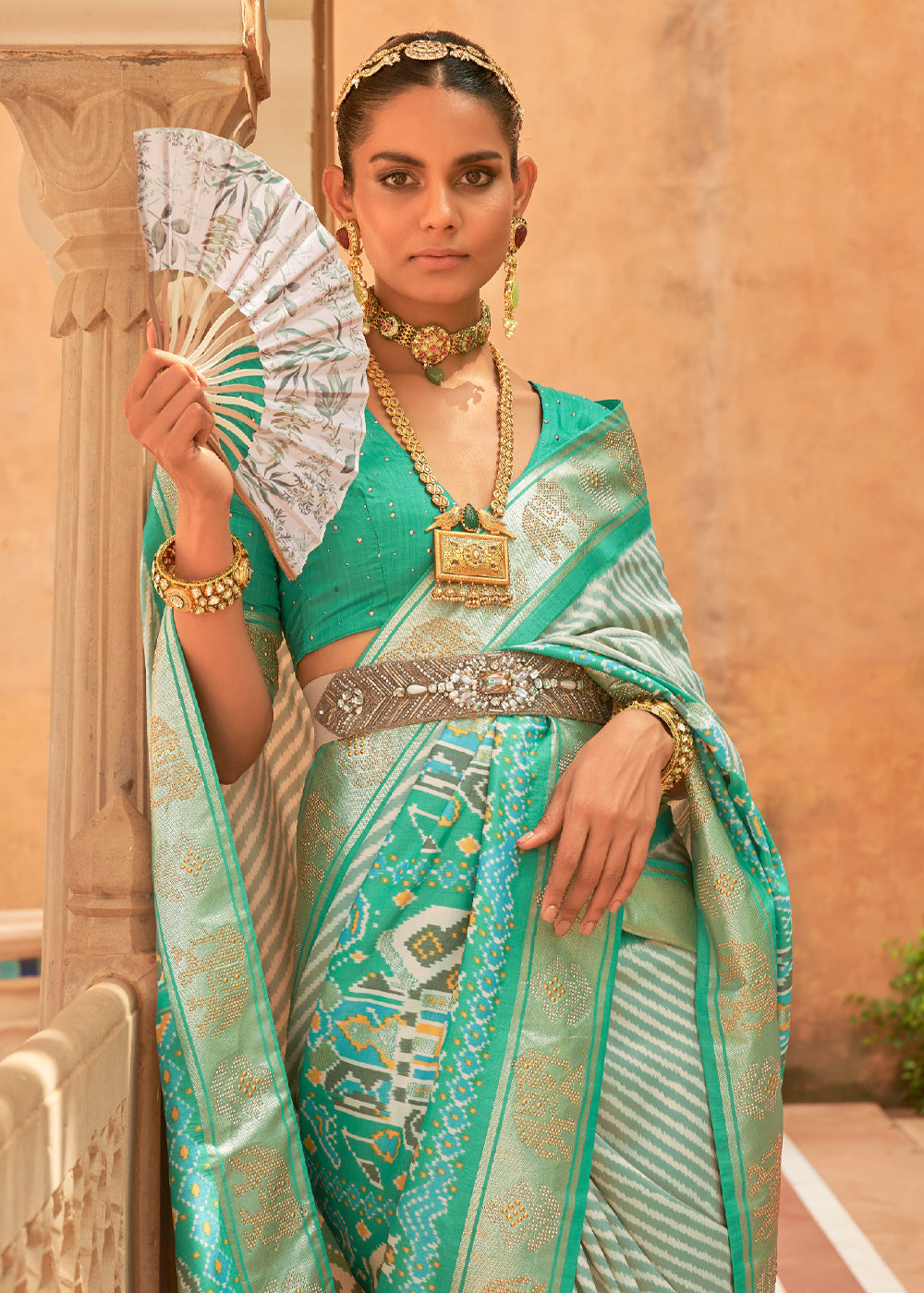 Ocean Green Blue Patola Silk Saree