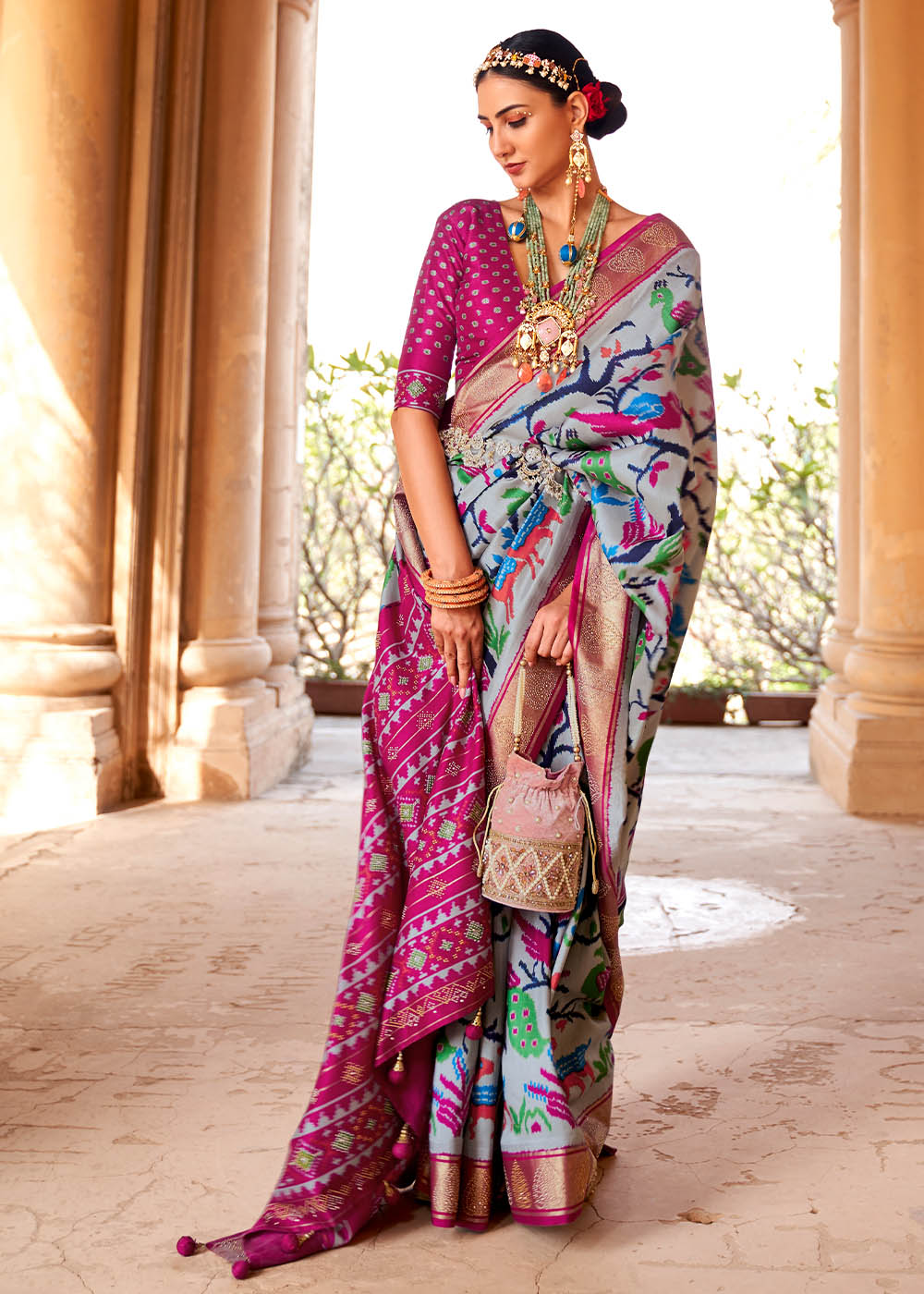 Bombay Grey and Pink Printed Patola Saree