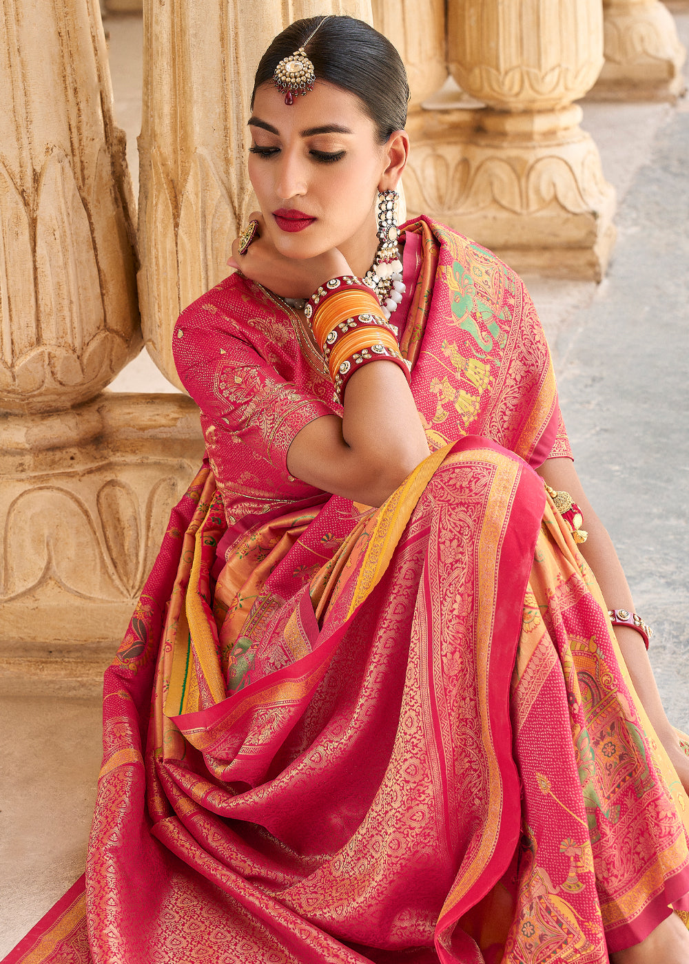 Peach Orange and Red Designer Banarasi Saree