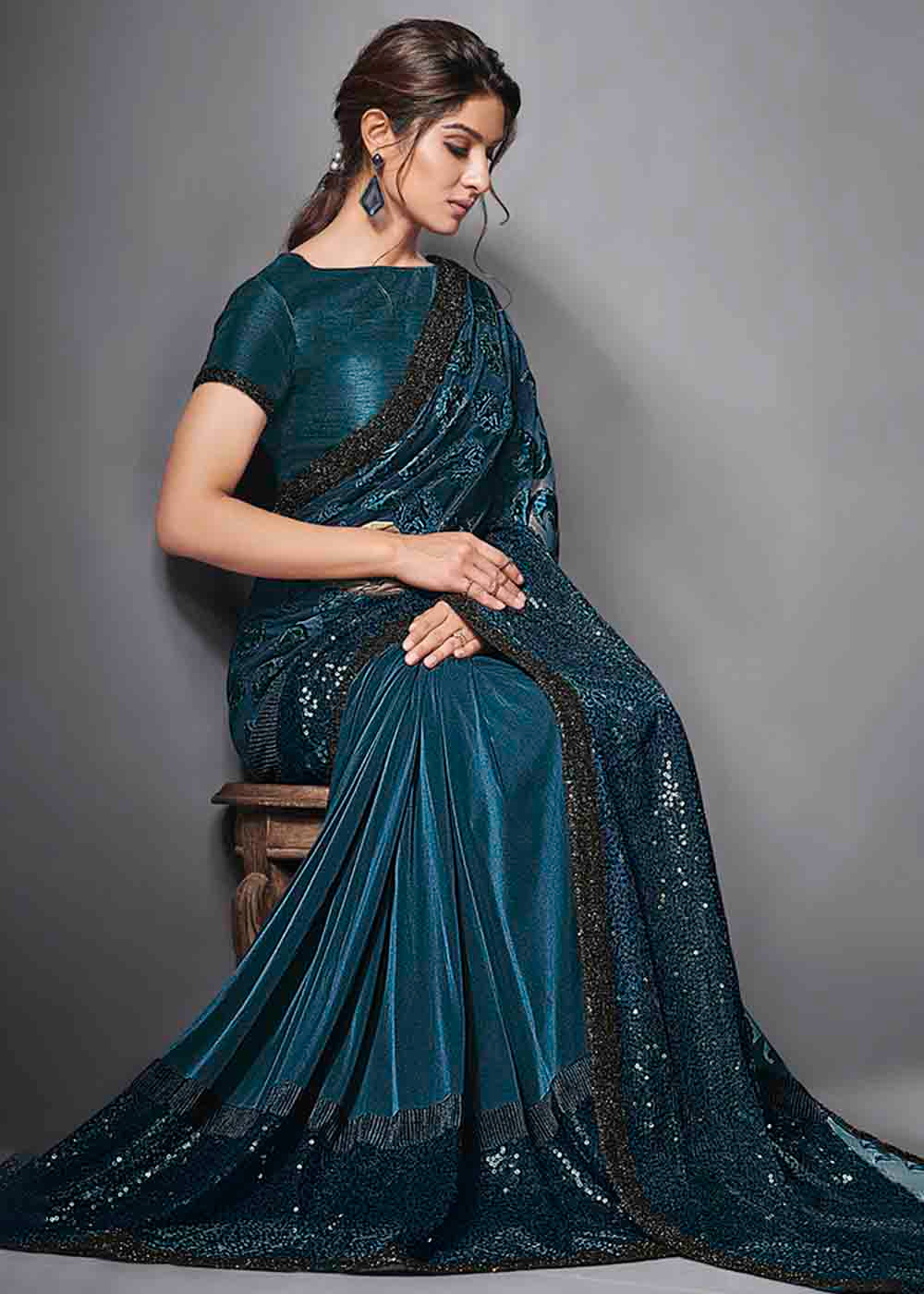 San Blue Designer Lycra Saree with Embroidery Work