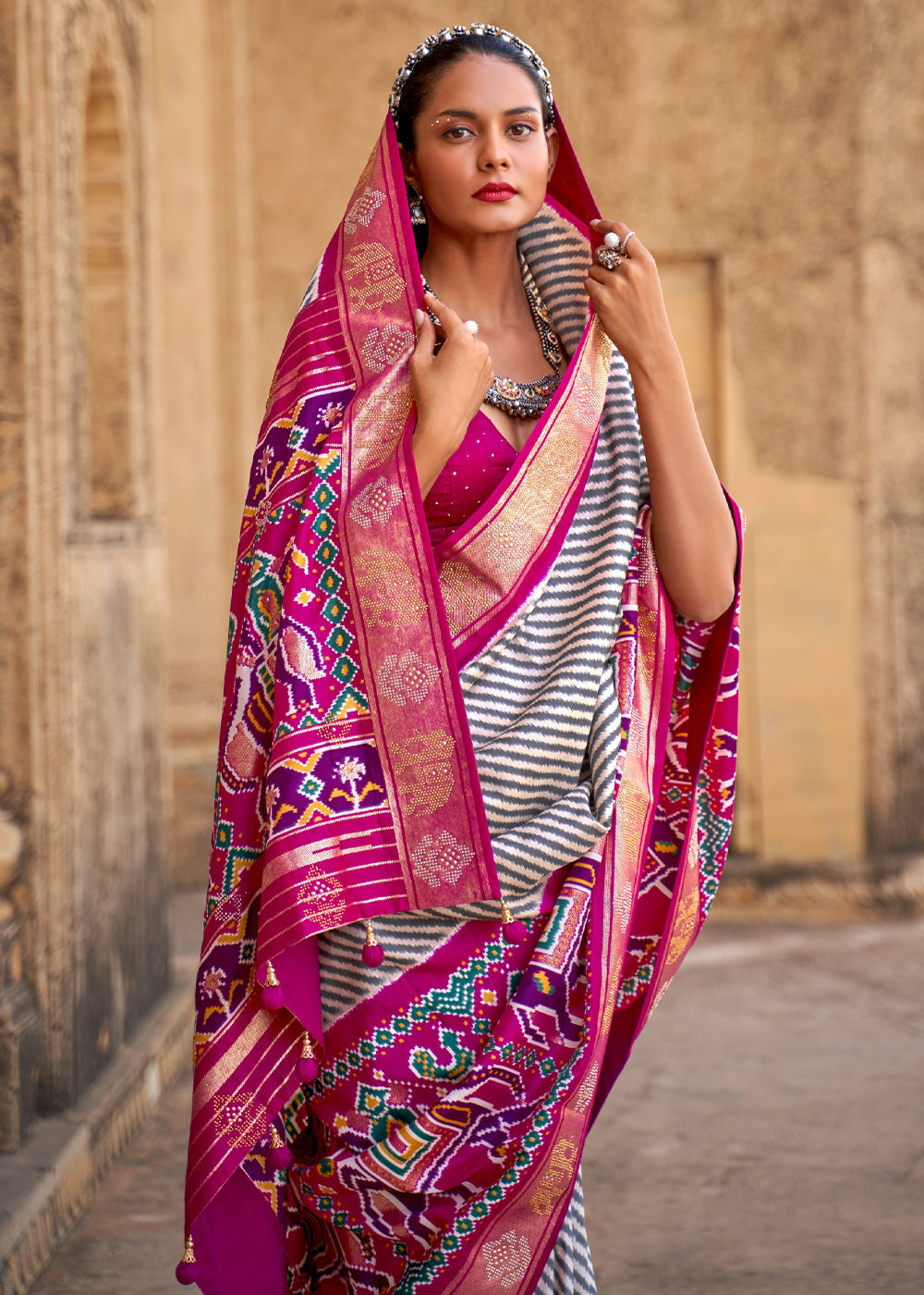 Mulberry White and Pink Zari Woven Patola Saree