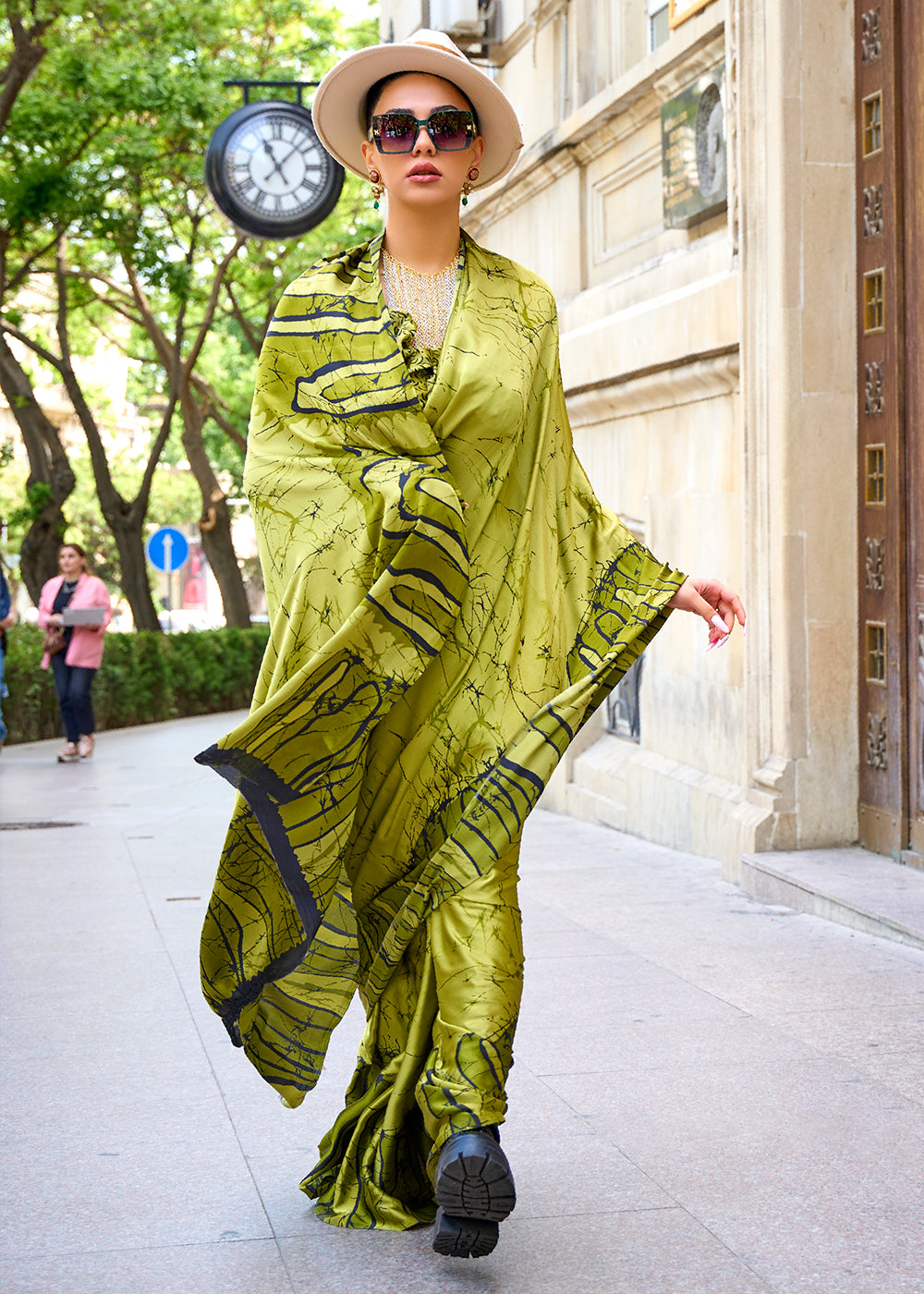 Celery Green Printed Satin Crepe Sarees