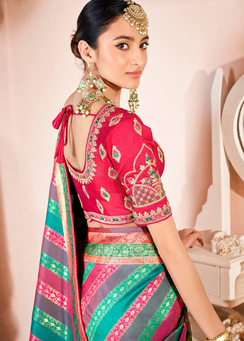 Pine Pink and Green Zari Woven Banarasi Saree with Designer Blouse