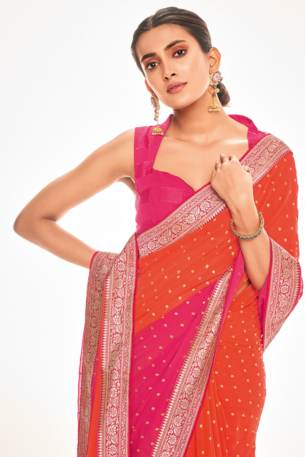 Pearl Pink and Orange Printed Georgette Saree