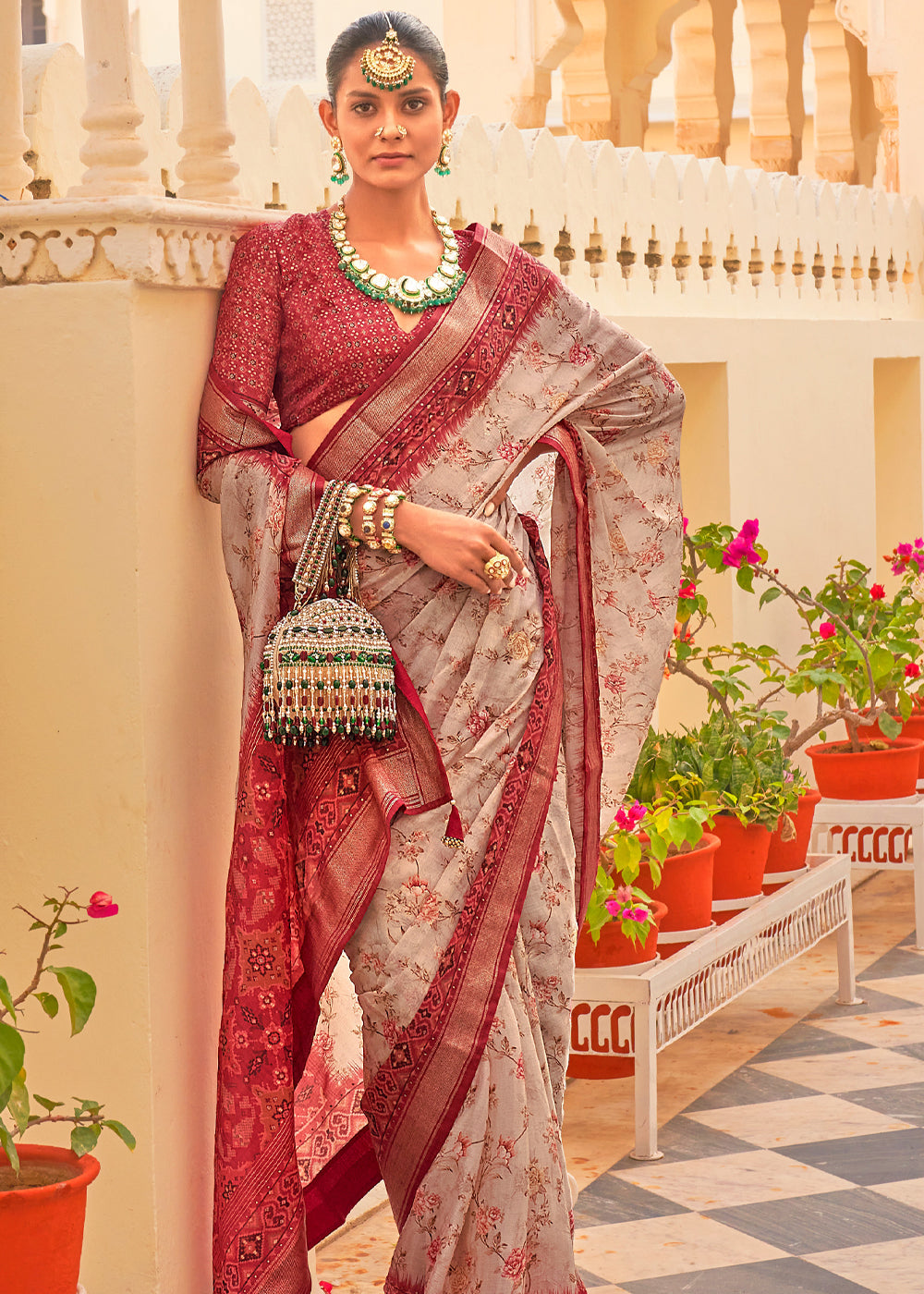 Medium Carmine Maroon Printed Chiffon Patola Silk Saree